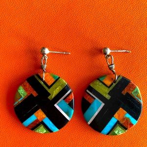 Native American Inlaid Earrings with Shell backing, Sterling Silver 1 1/4 in dia